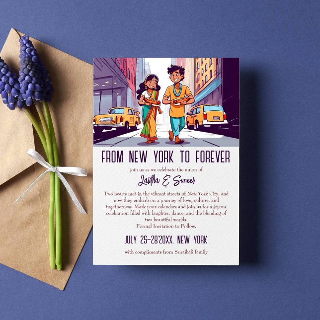 Indian couple in New York funny save the date Invitation (Indian wedding funny save the date template invitation couple with hot dogs in street of New York)