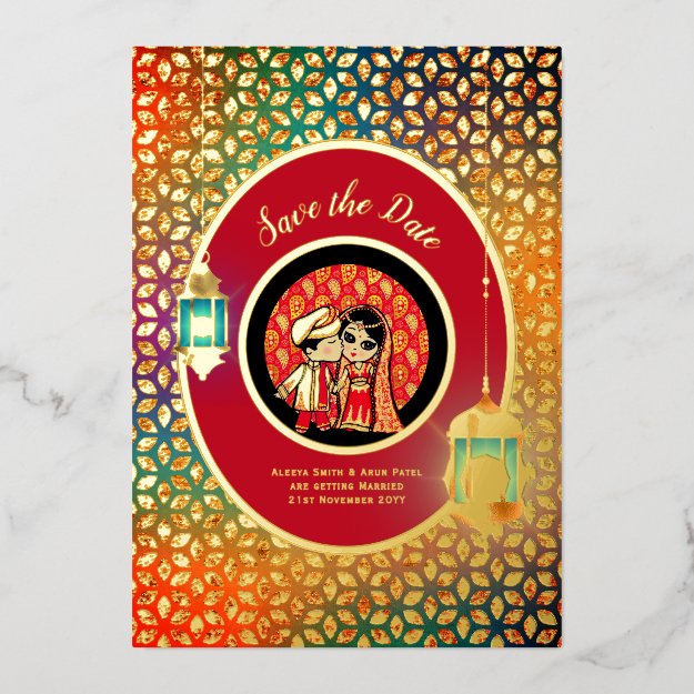 Indian Couple REAL GOLD FOIL Cute Save Date Foil I Foil Invitation