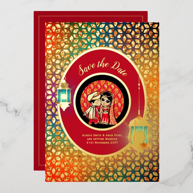 Indian Couple REAL GOLD FOIL Cute Save Date Foil Invitation (Front/Back)