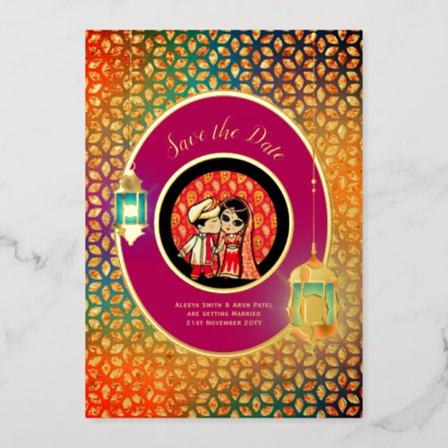 Indian Couple REAL GOLD FOIL Cute Save Date Foil Invitation