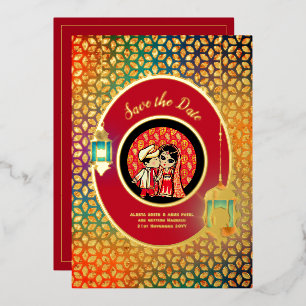 Indian Couple REAL GOLD FOIL Cute Save Date Invitation