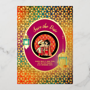 Indian Couple REAL GOLD FOIL Cute Save Date Invitation