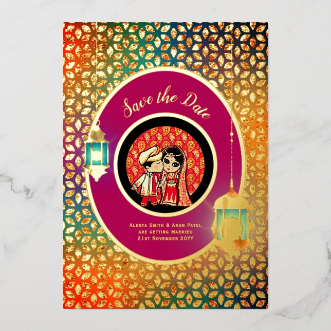 Indian Couple REAL GOLD FOIL Cute Save Date Invitation (Front)