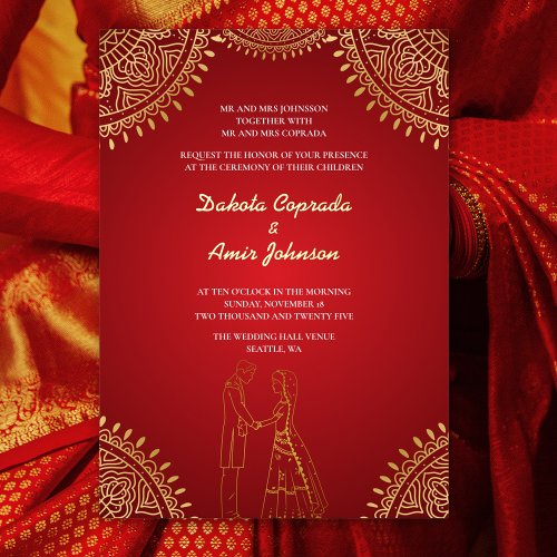 Indian Couple Wedding Red Gold Patterns Foil Invitation