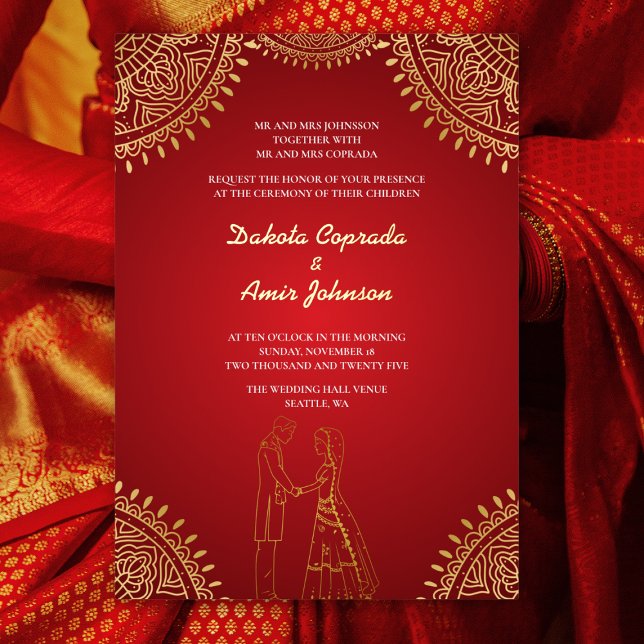 Indian Couple Wedding Red Gold Patterns Foil Invitation (Creator Uploaded)