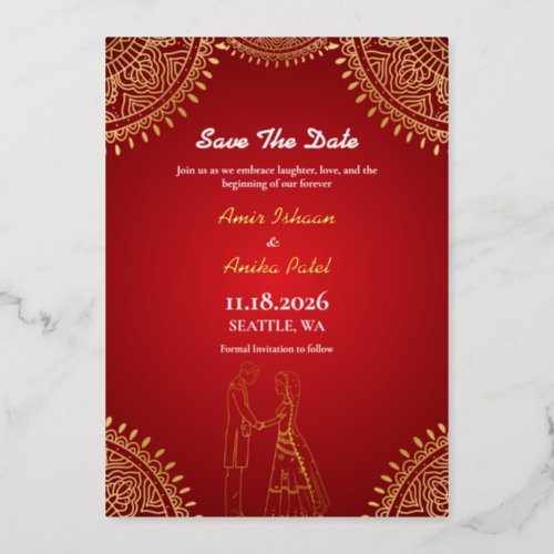 Indian Couple Wedding Red Gold Save The Date Foil Invitation