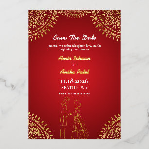 Indian Couple Wedding Red Gold Save The Date Foil Invitation