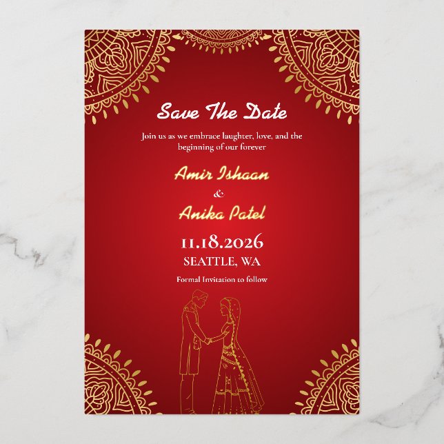 Indian Couple Wedding Red Gold Save The Date Foil Invitation (Front)