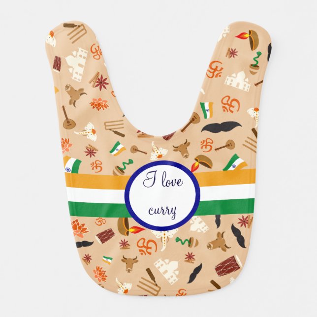Indian cultural items with flag and monogram baby bib (Front)