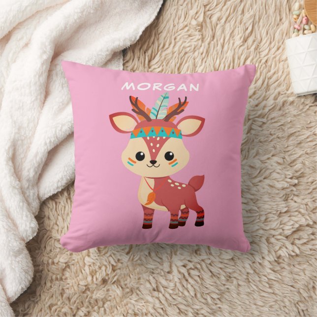 Indian Deer, Name or Message, Pink Throw Pillow (Blanket)