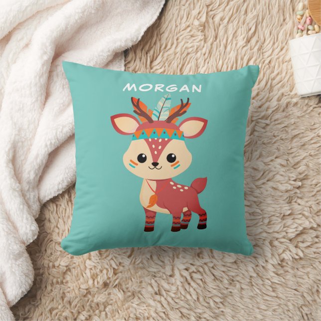 Indian Deer, Name or Message, Teal Throw Pillow (Blanket)