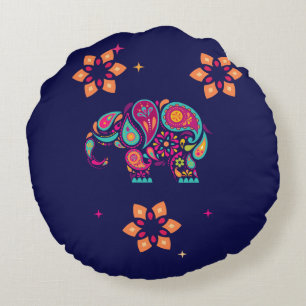 INDIAN DIWALI ELEPHANT COLORFUL DESIGN ROUND PILLOW