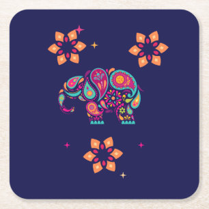 INDIAN DIWALI ELEPHANT COLORFUL DESIGN SQUARE PAPER COASTER