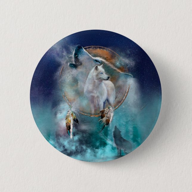 Indian dreamcatcher and ethnic tribal head wolf button (Front)