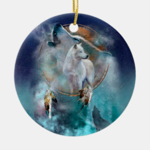 Indian dreamcatcher and ethnic tribal head wolf ceramic ornament