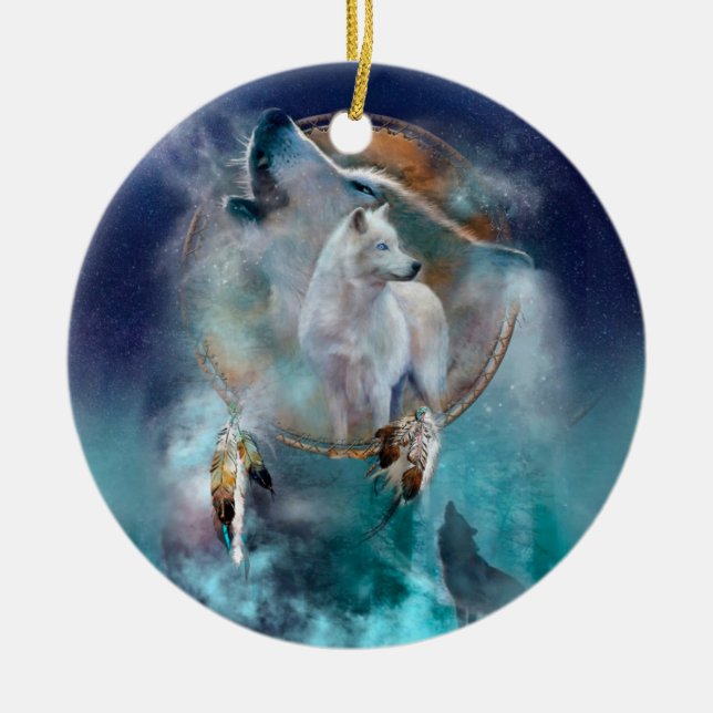 Indian dreamcatcher and ethnic tribal head wolf ceramic ornament (Front)