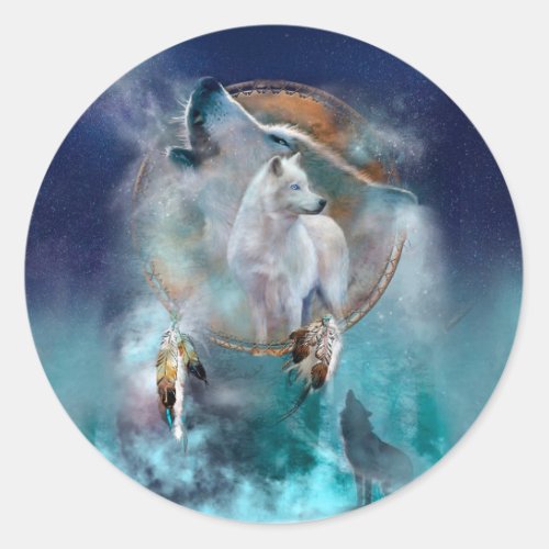 Indian dreamcatcher and ethnic tribal head wolf classic round sticker