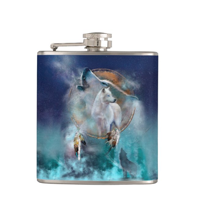 Indian dreamcatcher and ethnic tribal head wolf flask (Front)