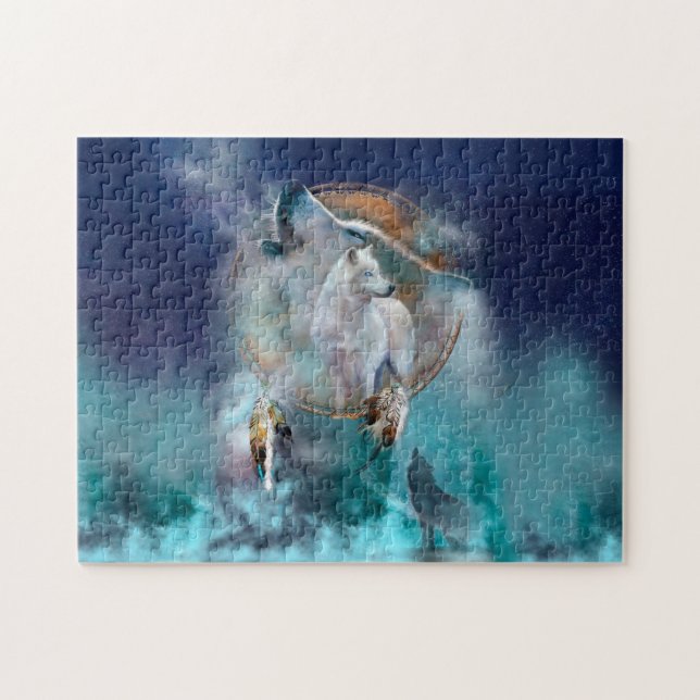 Indian dreamcatcher and ethnic tribal head wolf jigsaw puzzle (Horizontal)