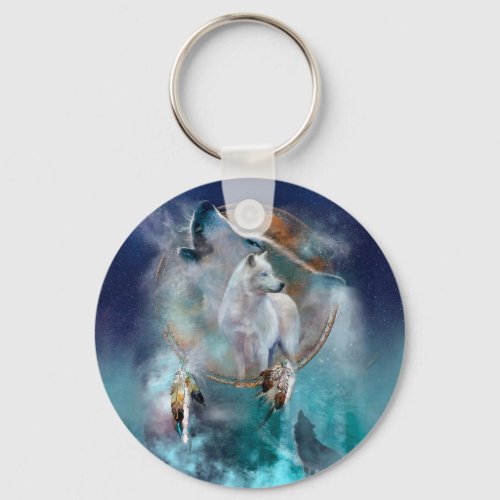 Indian dreamcatcher and ethnic tribal head wolf keychain