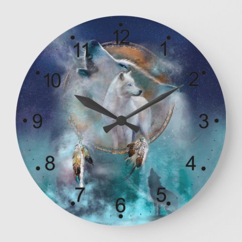 Indian dreamcatcher and ethnic tribal head wolf large clock