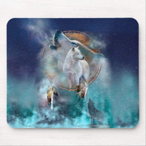 Indian dreamcatcher and ethnic tribal head wolf mouse pad