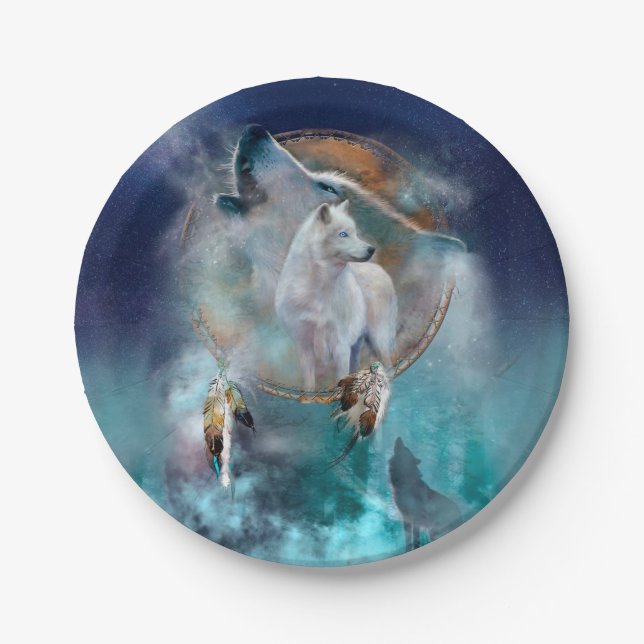 Indian dreamcatcher and ethnic tribal head wolf paper plates (Front)