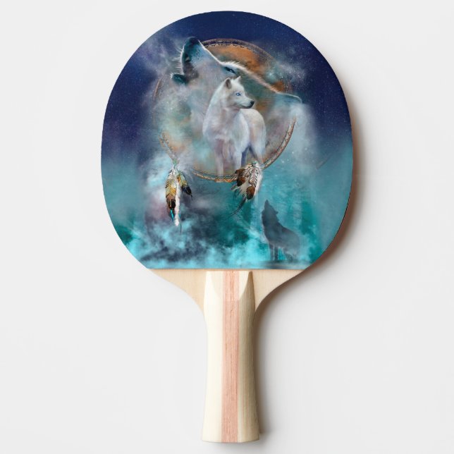 Indian dreamcatcher and ethnic tribal head wolf ping pong paddle (Front)