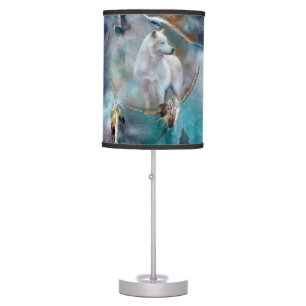 Indian dreamcatcher and ethnic tribal head wolf table lamp