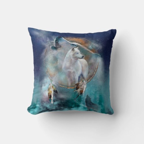Indian dreamcatcher and ethnic tribal head wolf throw pillow