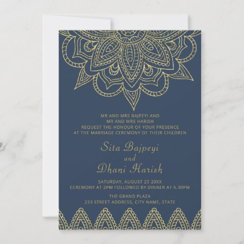 Indian Elegant Navy Gold Mehndi Hindu Wedding Invitation