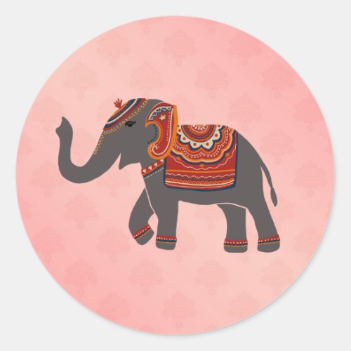 Indian Elephant Damask Pink Pattern  Classic Round Sticker