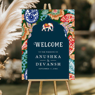 Indian Elephant Dark Blue Wedding Welcome Sign