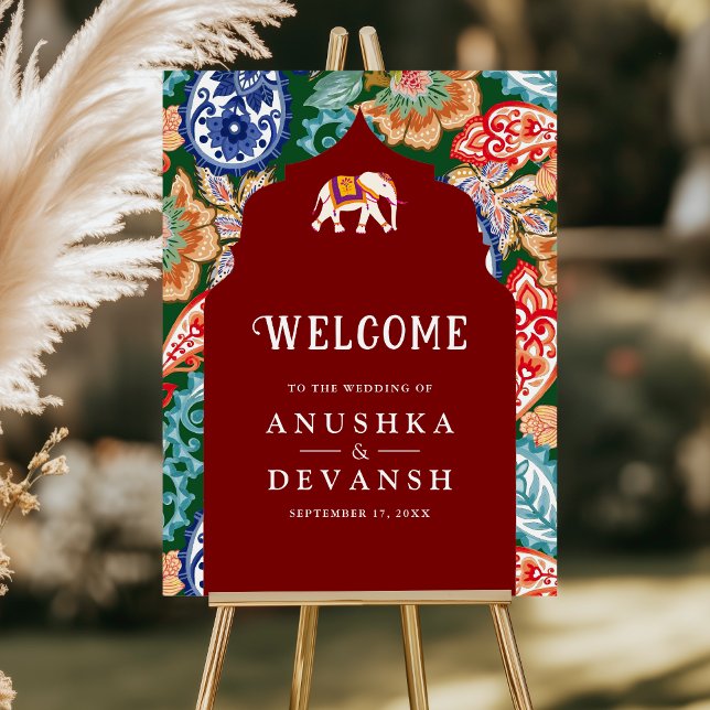 Indian Elephant Dark Red Wedding Welcome Sign (Creator Uploaded)