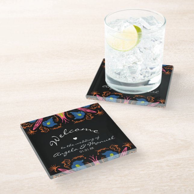 Indian Elephant Floral Black Wedding   Glass Coaster (Angled)