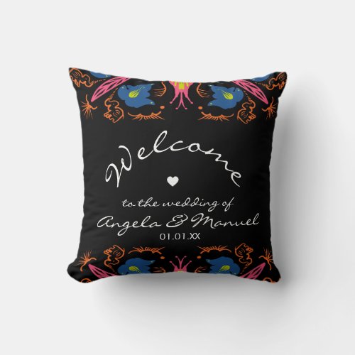 Indian Elephant Floral Black Wedding  Throw Pillow