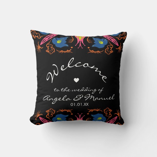 Indian Elephant Floral Black Wedding  Throw Pillow (Front)