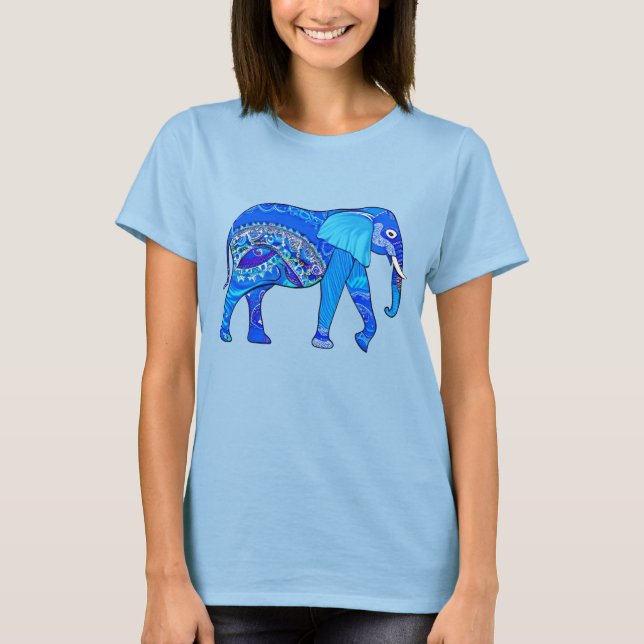 Indian Elephant in a Blue Arabesque Pattern T-Shirt (Front)