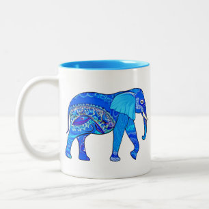 Indian Elephant in a Blue Arabesque Pattern Two-Tone Coffee Mug
