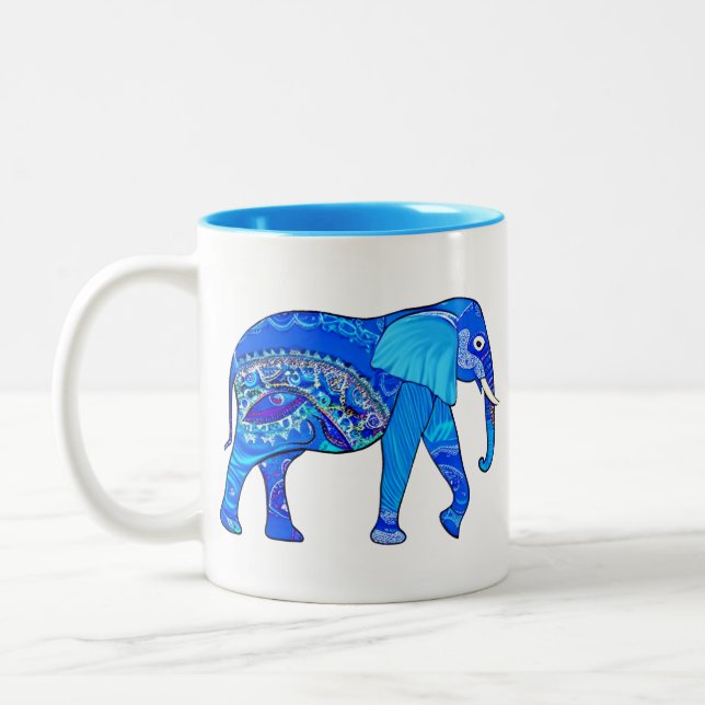 Indian Elephant in a Blue Arabesque Pattern Two-Tone Coffee Mug (Left)
