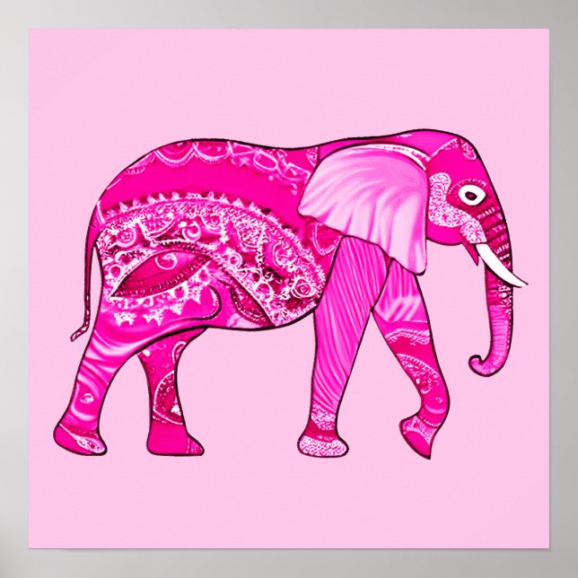 Indian Elephant in a Fuchsia Pink Arabesque Patter Poster (Front)