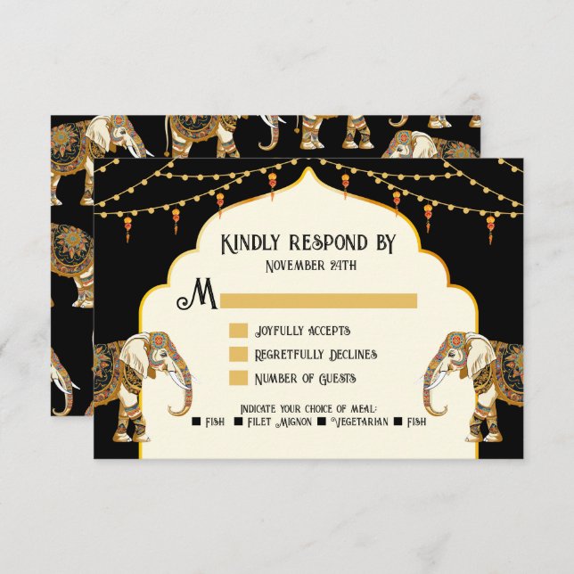 Indian Elephant lights Wedding RSVP response cards (Front/Back)