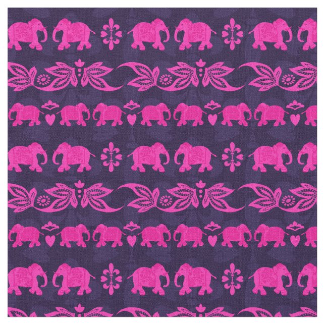 Indian Elephant Pink Blue Sari Pattern Fabric (Close Up)
