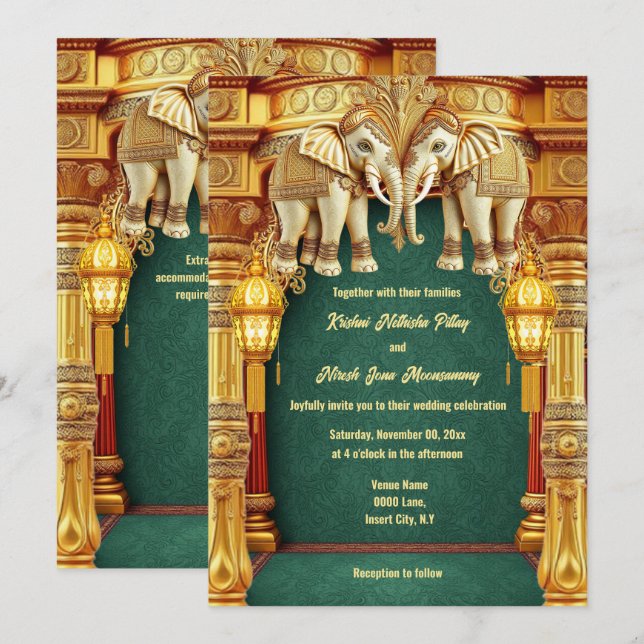 Indian elephants gold green lanterns luxurious  invitation (Front/Back)