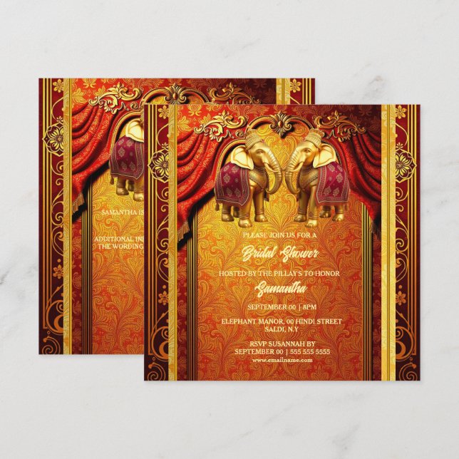 Indian elephants gold red henna luxurious bridal  holiday card (Front/Back)