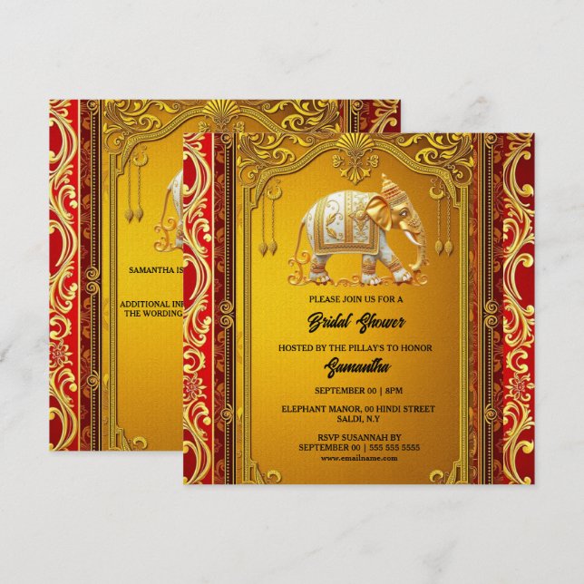 Indian elephants gold red luxurious bridal shower holiday card (Front/Back)