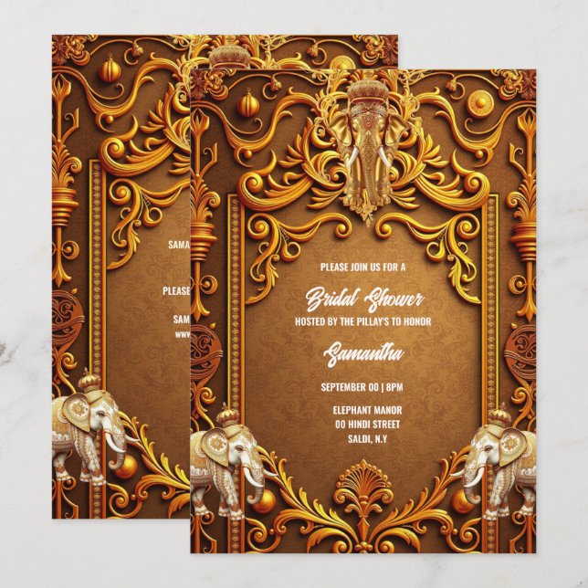 Indian elephants gold traditional Hindu bridal  Invitation (Front/Back)