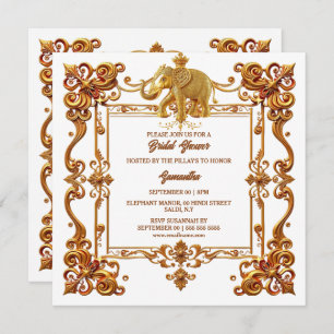 Indian elephants gold white ornate bridal shower holiday card