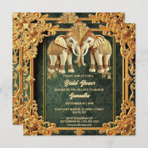 Indian elephants green gold ornate bridal shower holiday card