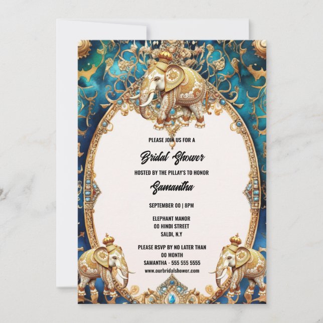 Indian elephants Hindi Hindu watercolor blue gold Invitation (Front)